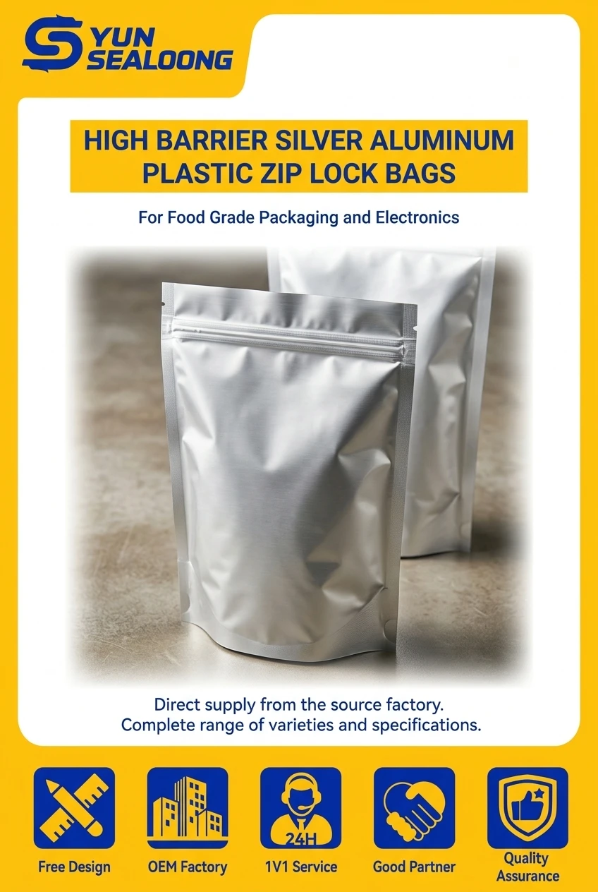 High Barrier Silver Aluminum Foil Zip Top Reclosable Plastic Zip Lock Bags for Food Grade Packaging and Electronics