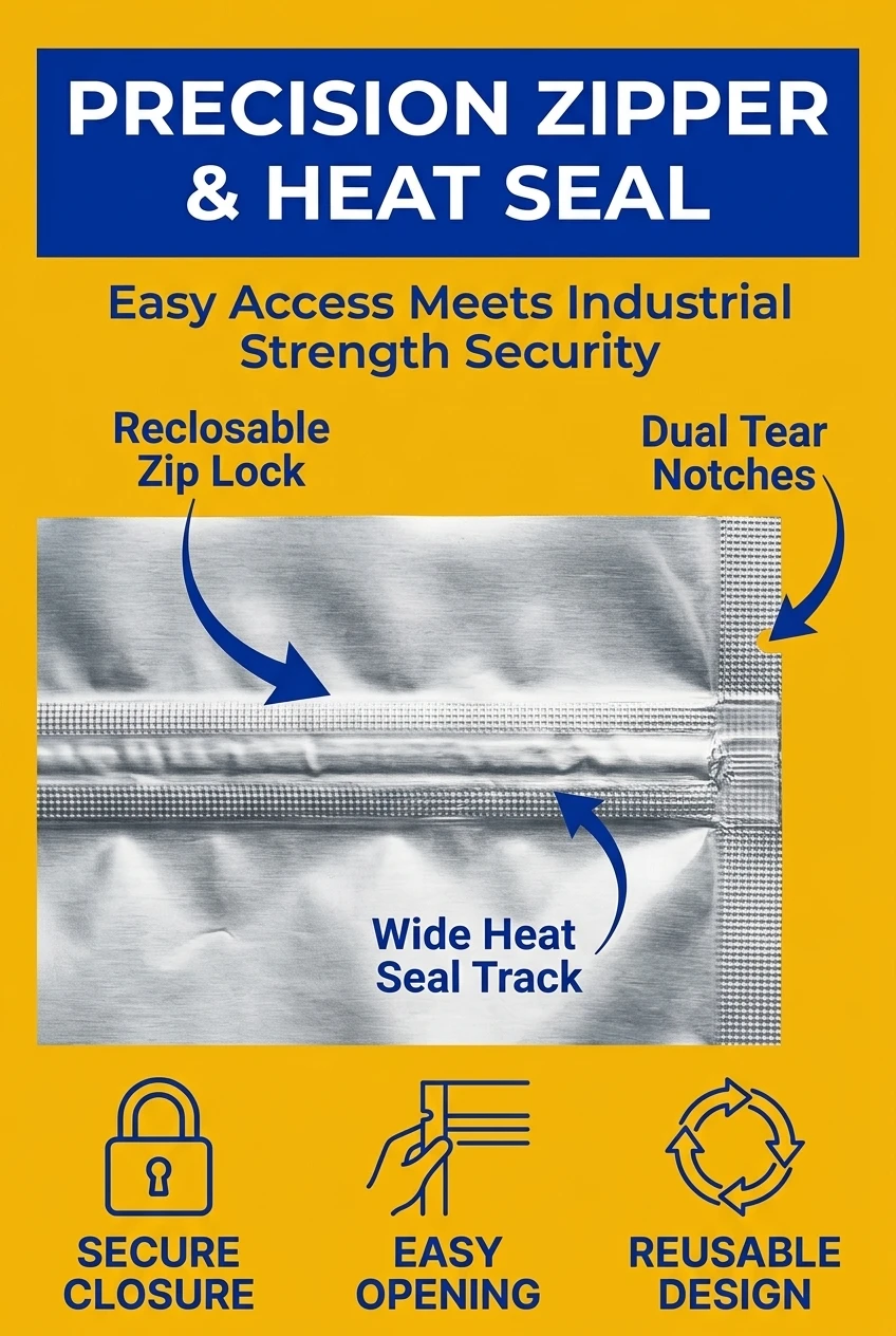 Close-up detail of our zip lock bags featuring a horizontal zip top and integrated tear notches. This heat seal packaging bag