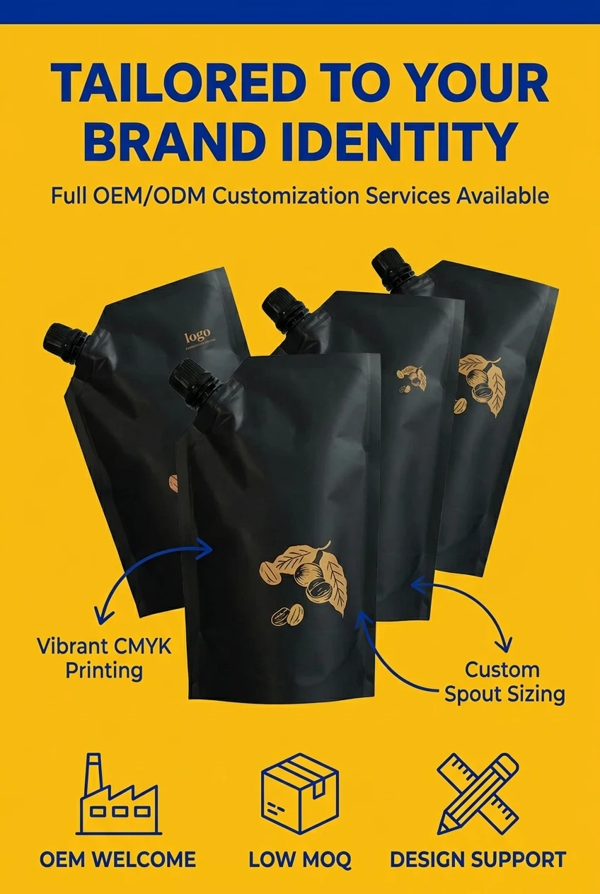 Waterproof stand up spout pouch protecting printed gift box designs from moisture