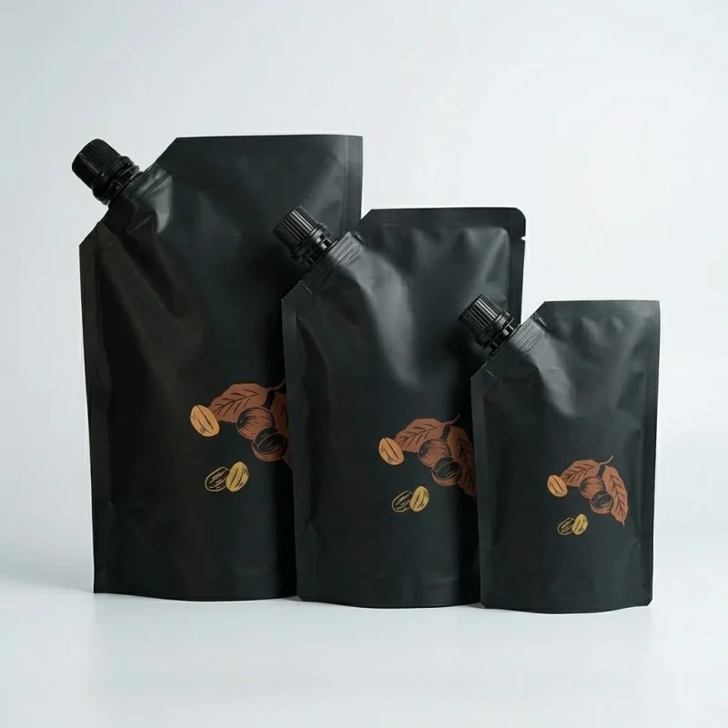 Industrial packaging of stand up spout pouch with custom width options for printing houses