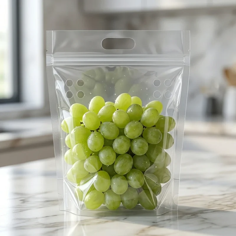 ventilated stand up zip lock pouch showing prismatic rainbow effect on transparent soft BOPP base