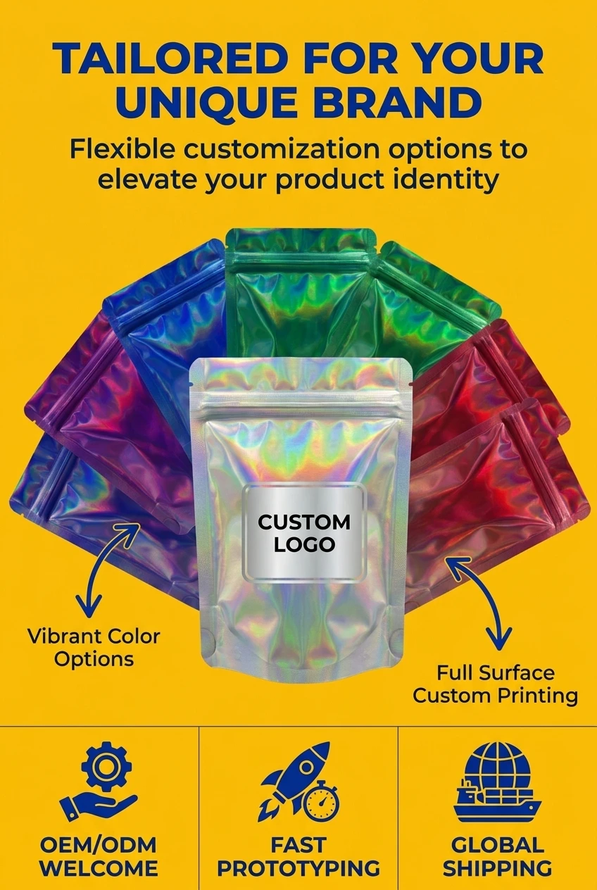 Waterproof Holographic Stand Up Zip Lock Bags protecting printed gift box designs from moisture