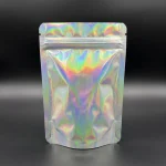 Holographic Stand Up Zip Lock Bags showing prismatic rainbow effect on transparent soft BOPP base