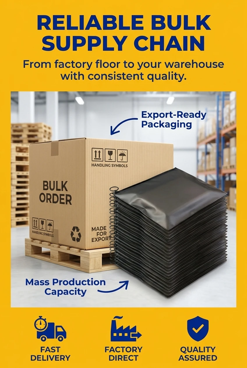 The warehouse layout demonstrates the mass production capacity through organized carton packaging stacked cleanly on industri
