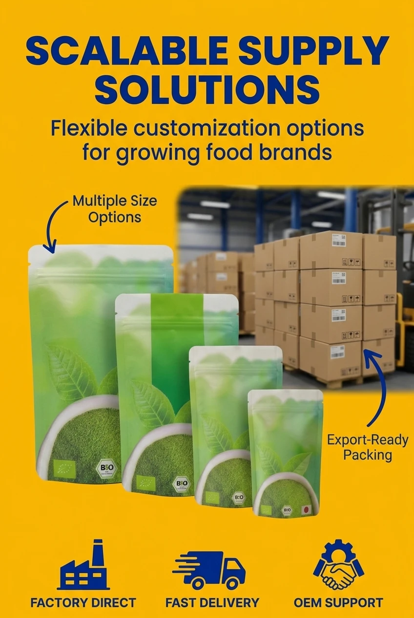 The final logistics layout illustrates the scalable supply flexibility across multiple size options tailored for growing food