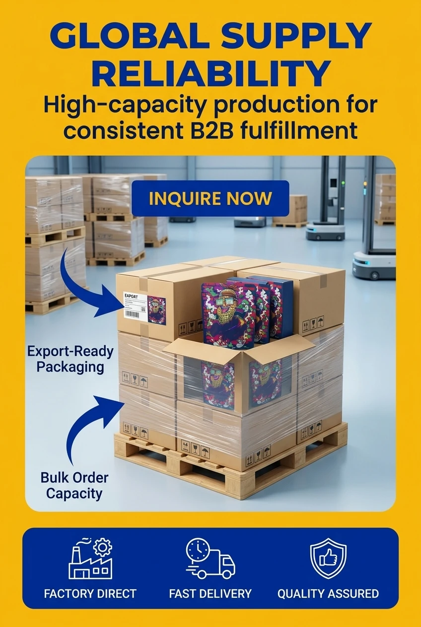 The final warehousing display emphasizes our large bulk order production capacity through expert factory standard packaging w