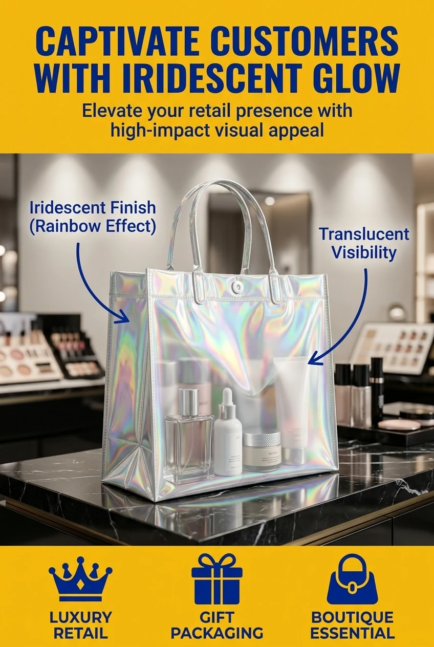The optical properties of this customized clothing packaging pvc holographic tote bag rely on an advanced coextruded iridesce