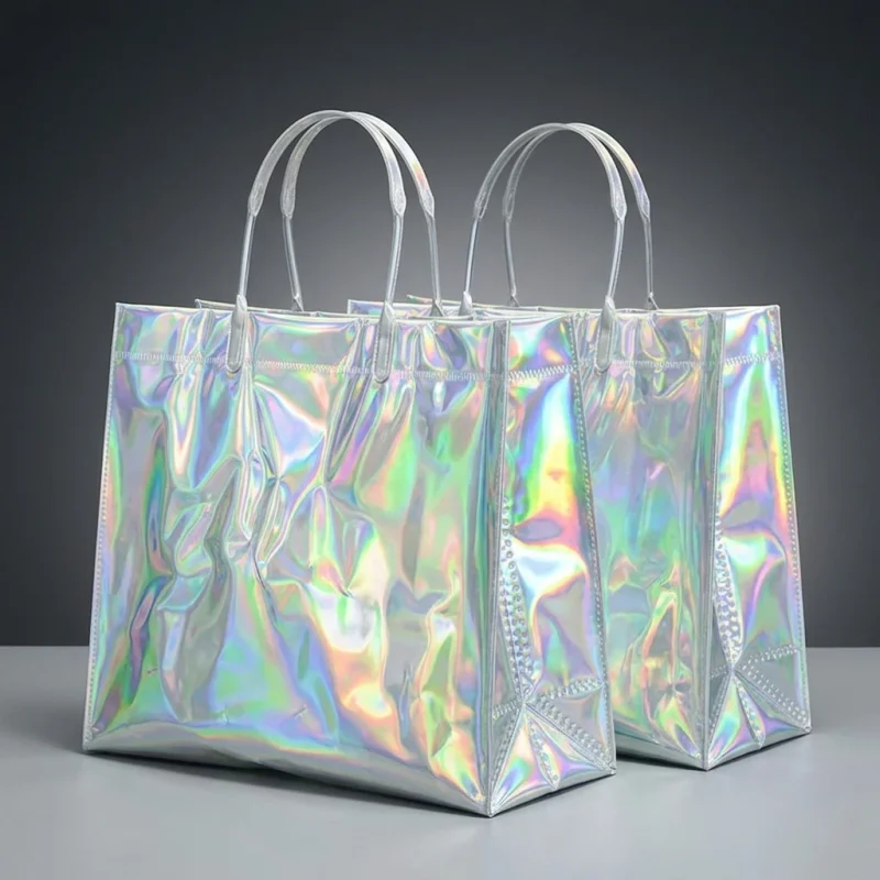 holographic pvc tote bag showing prismatic rainbow effect on transparent soft BOPP base