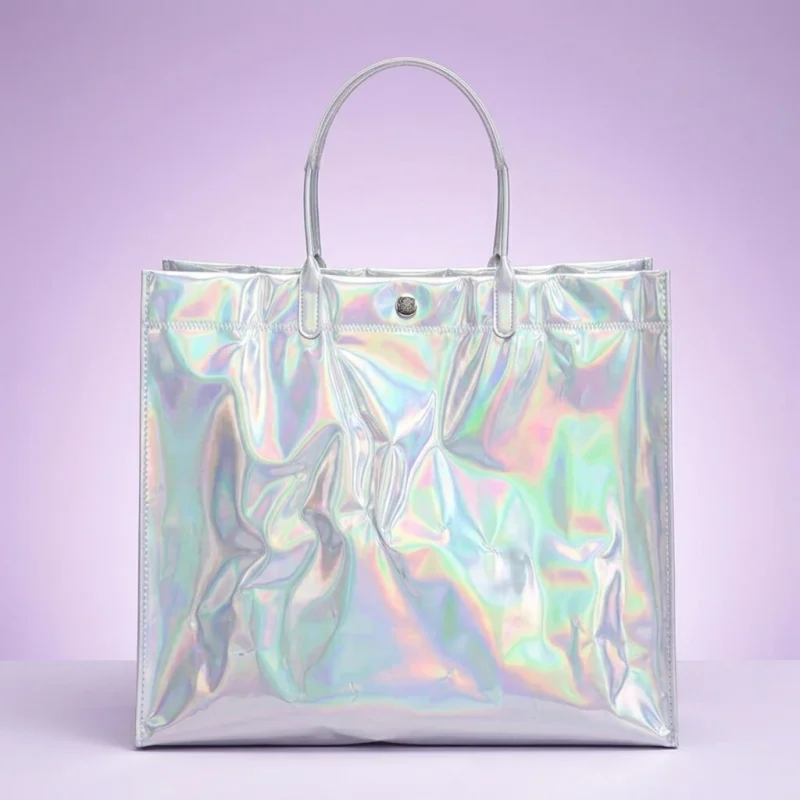 Close-up of holographic pvc tote bag surface with vertical holographic grating pattern