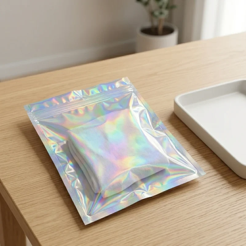 plastic zipper packaging bag applied on luxury gift packaging demonstrating 3D laser reflection