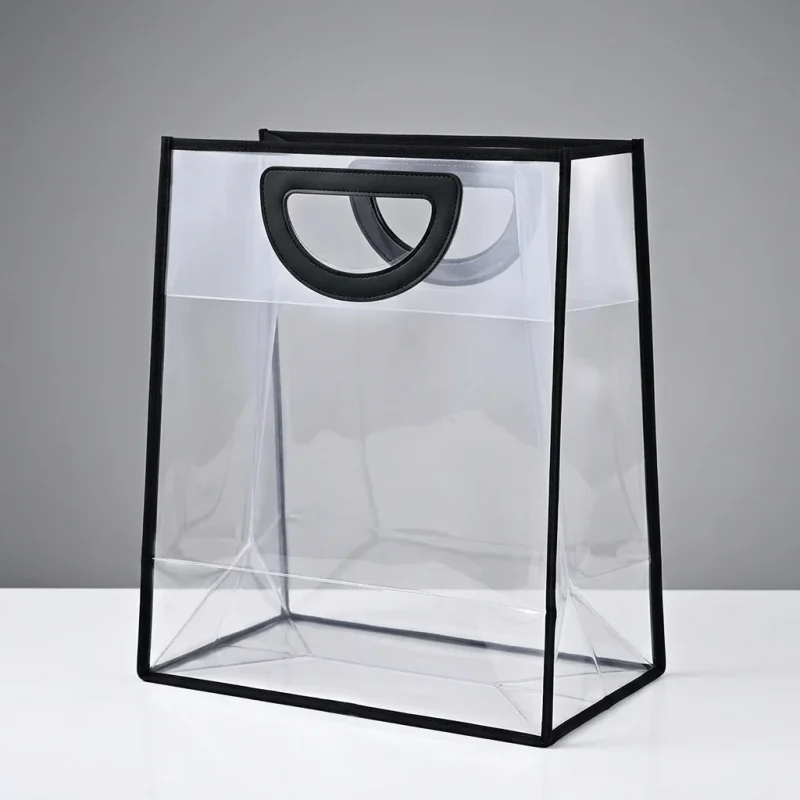 Close-up of Clear Plastic Shopping Bag with Handle surface with vertical holographic grating pattern