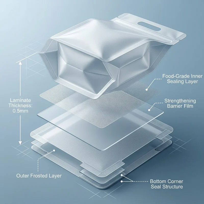 Soft Flat bottom zipper bag with handle material roll showing PET BOPP layer flexibility and durability