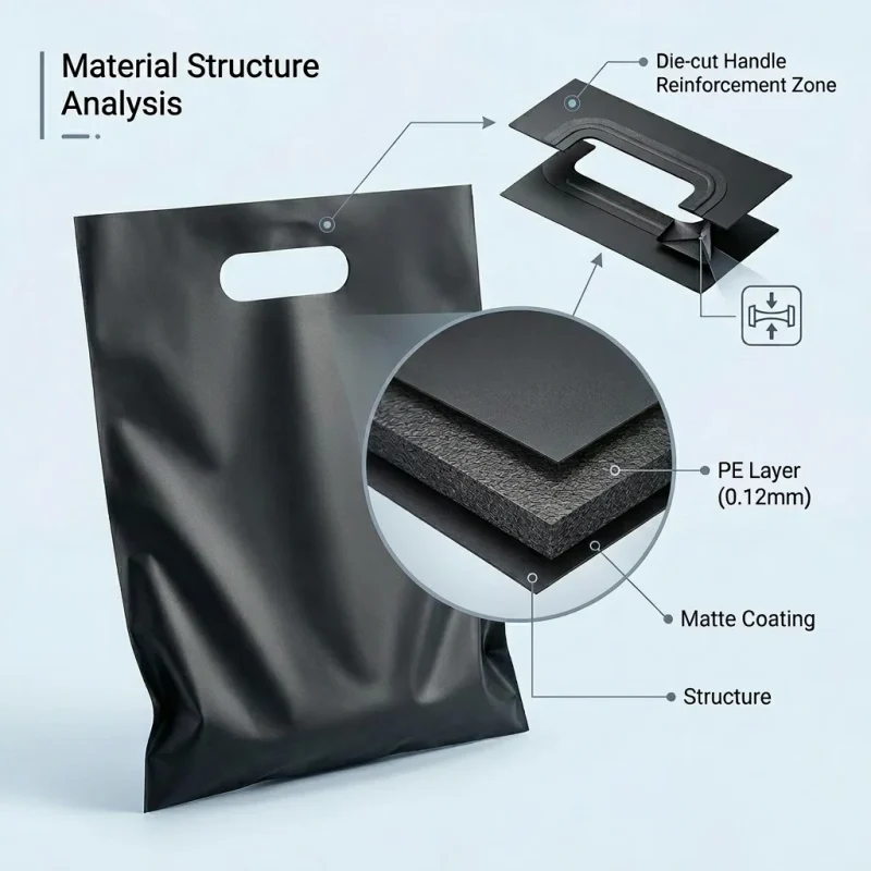 Soft Die cut handle plastic bag material roll showing PET BOPP layer flexibility and durability