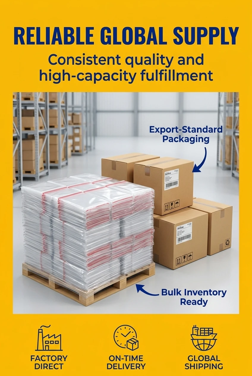 Factory direct bopp film packaging with large scale production capacity. Our self adhesive film bags are packed in export-rea