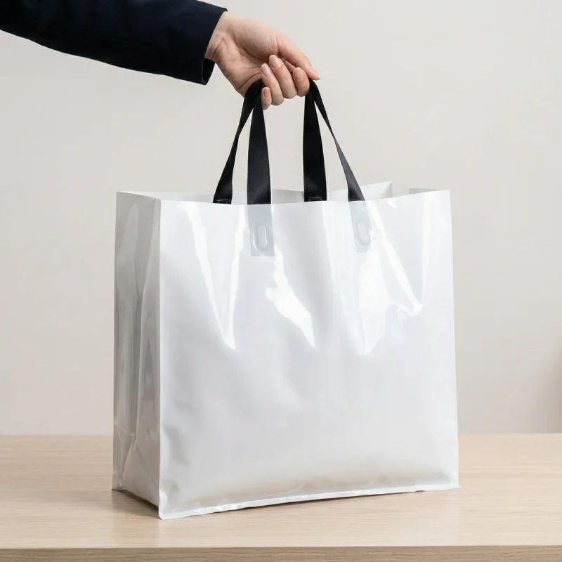 LDPE patch handle bags showing prismatic rainbow effect on transparent soft BOPP base
