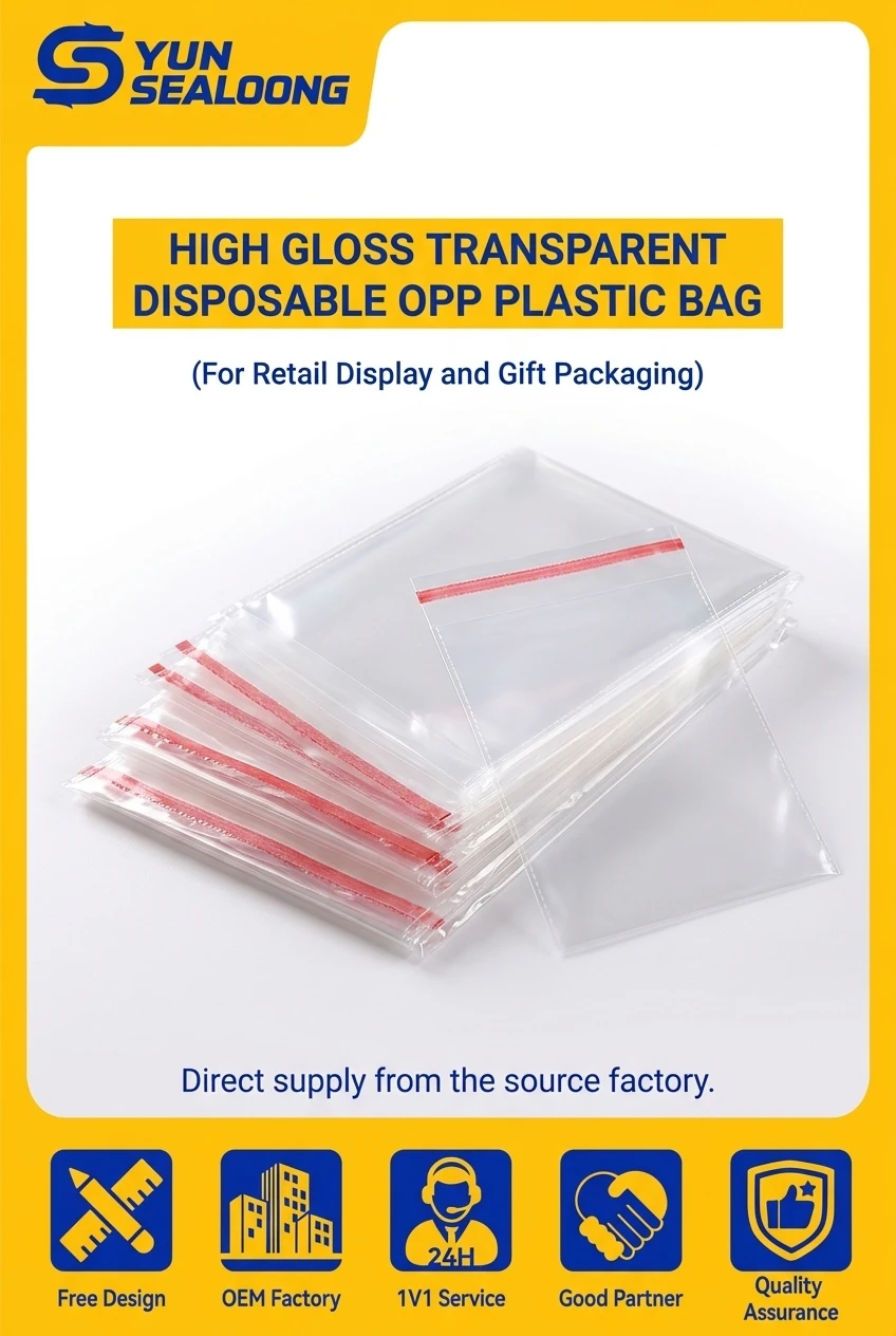 High Gloss Transparent Disposable OPP Plastic Bag with Self Adhesive for Retail Display and Gift Packaging