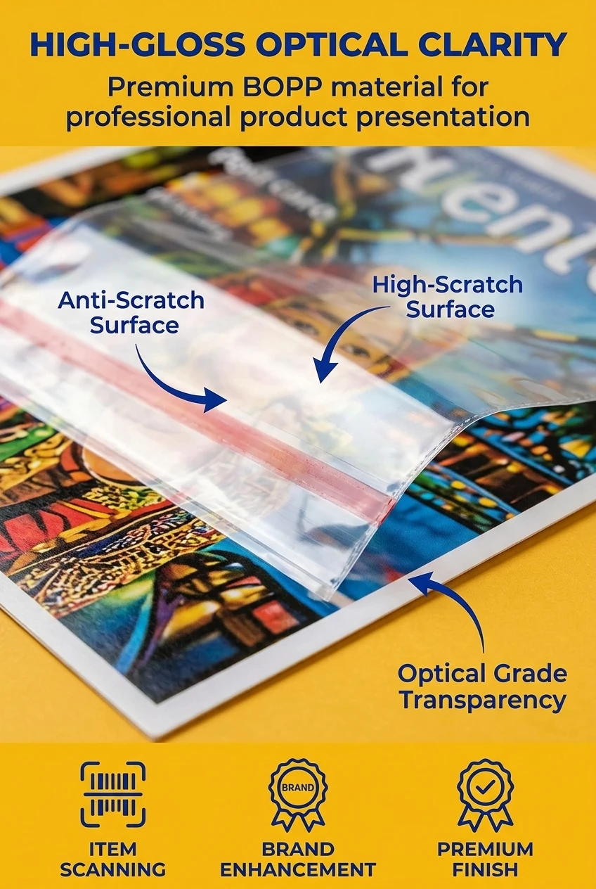 Premium plastic bopp bags featuring superior optical clarity for immediate item identification. Our clear plastic bag design
