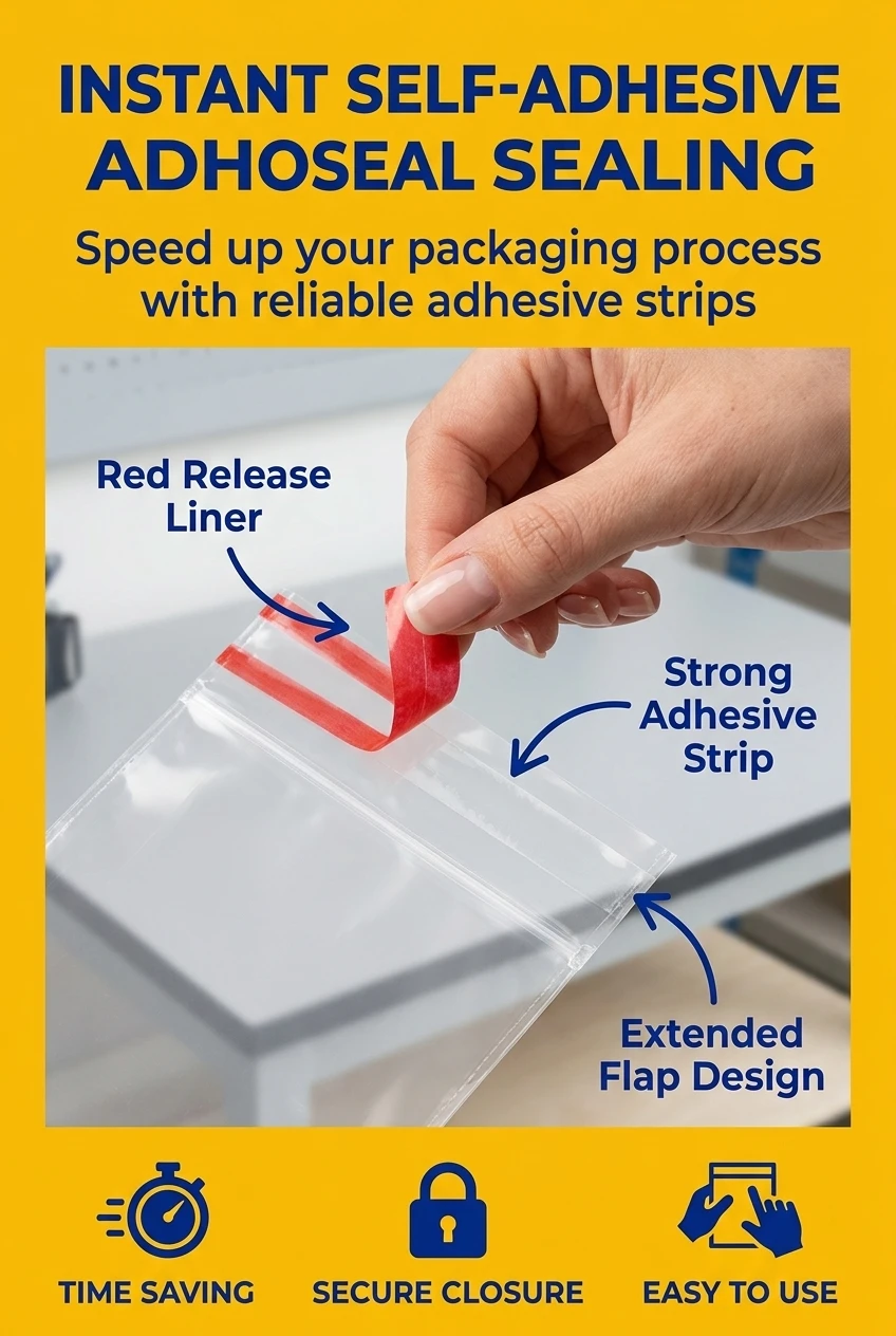 Efficient opp plastic bag with self adhesive mechanism for high-volume packing operations. Featuring an extended flap and a r