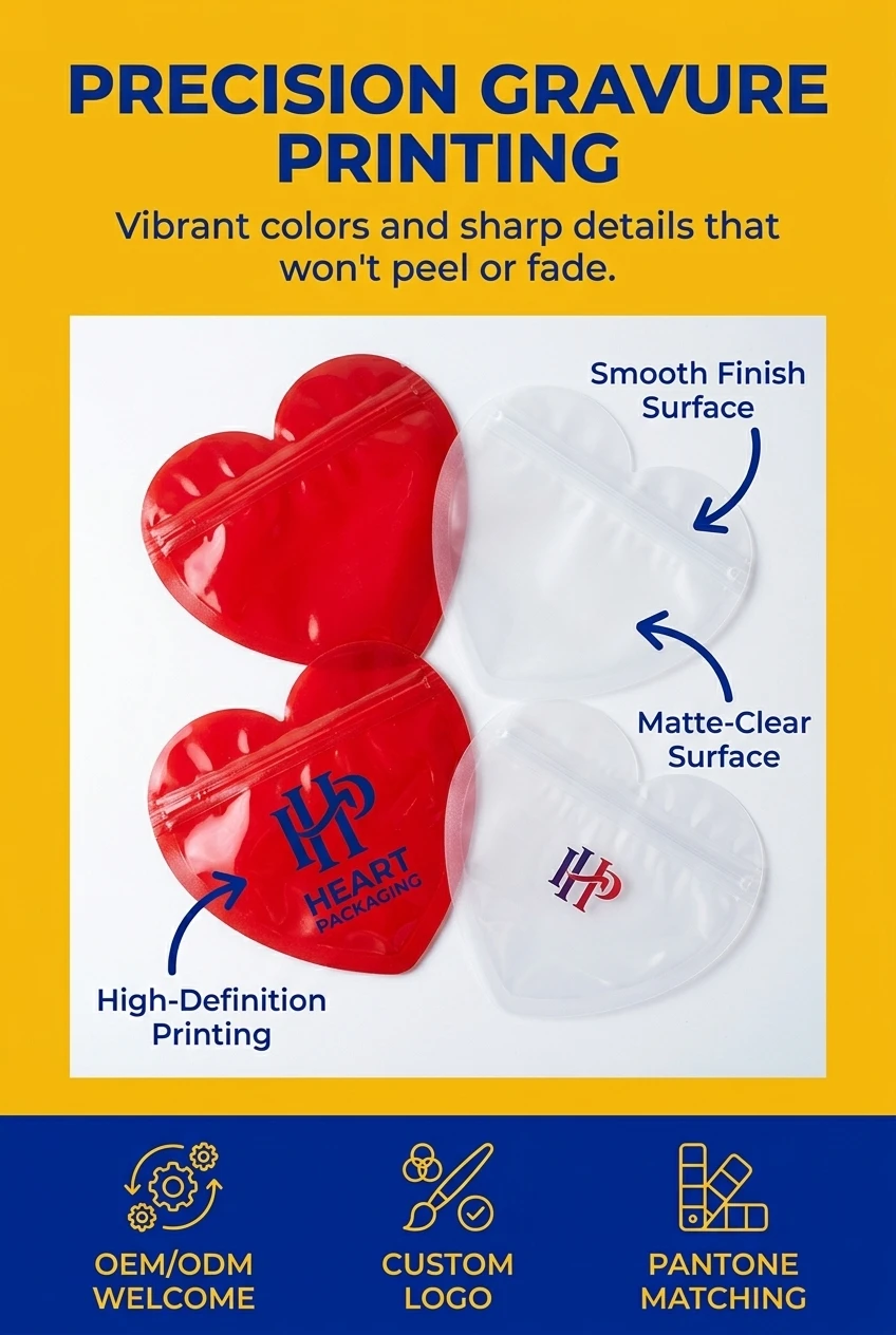 Waterproof Heart Shaped Plastic Zipper Bag protecting printed gift box designs from moisture