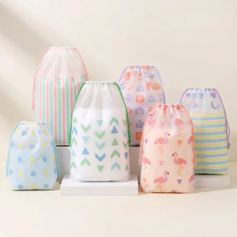 frosted pe drawstring bag showing prismatic rainbow effect on transparent soft BOPP base