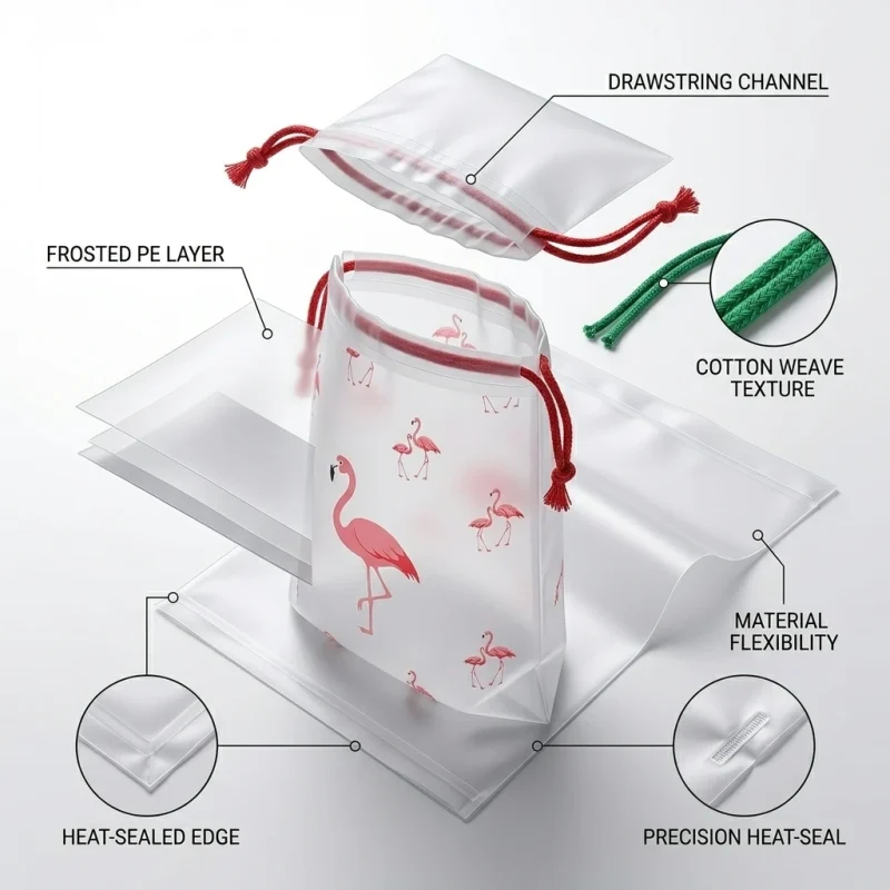 Industrial packaging of frosted pe drawstring bag with custom width options for printing houses