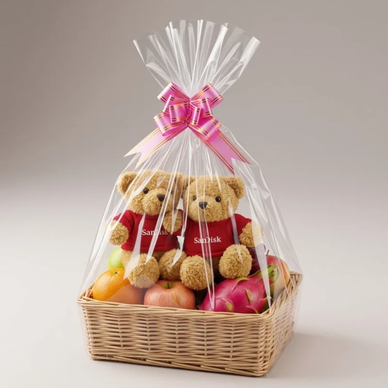 Clear plastic gift bags for hampers showing prismatic rainbow effect on transparent soft BOPP base