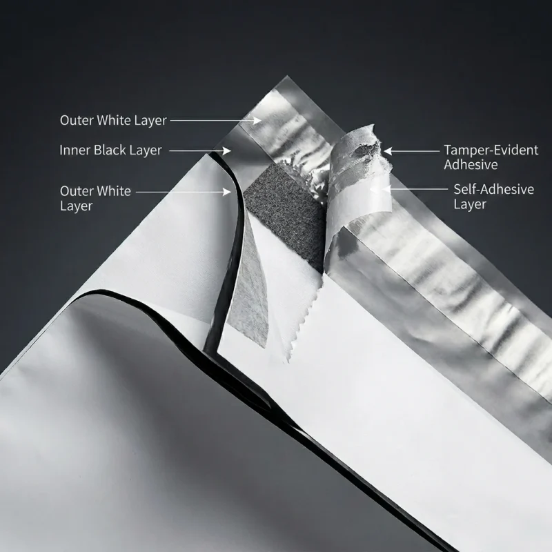 self sealing poly mailer bags applied on luxury gift packaging demonstrating 3D laser reflection
