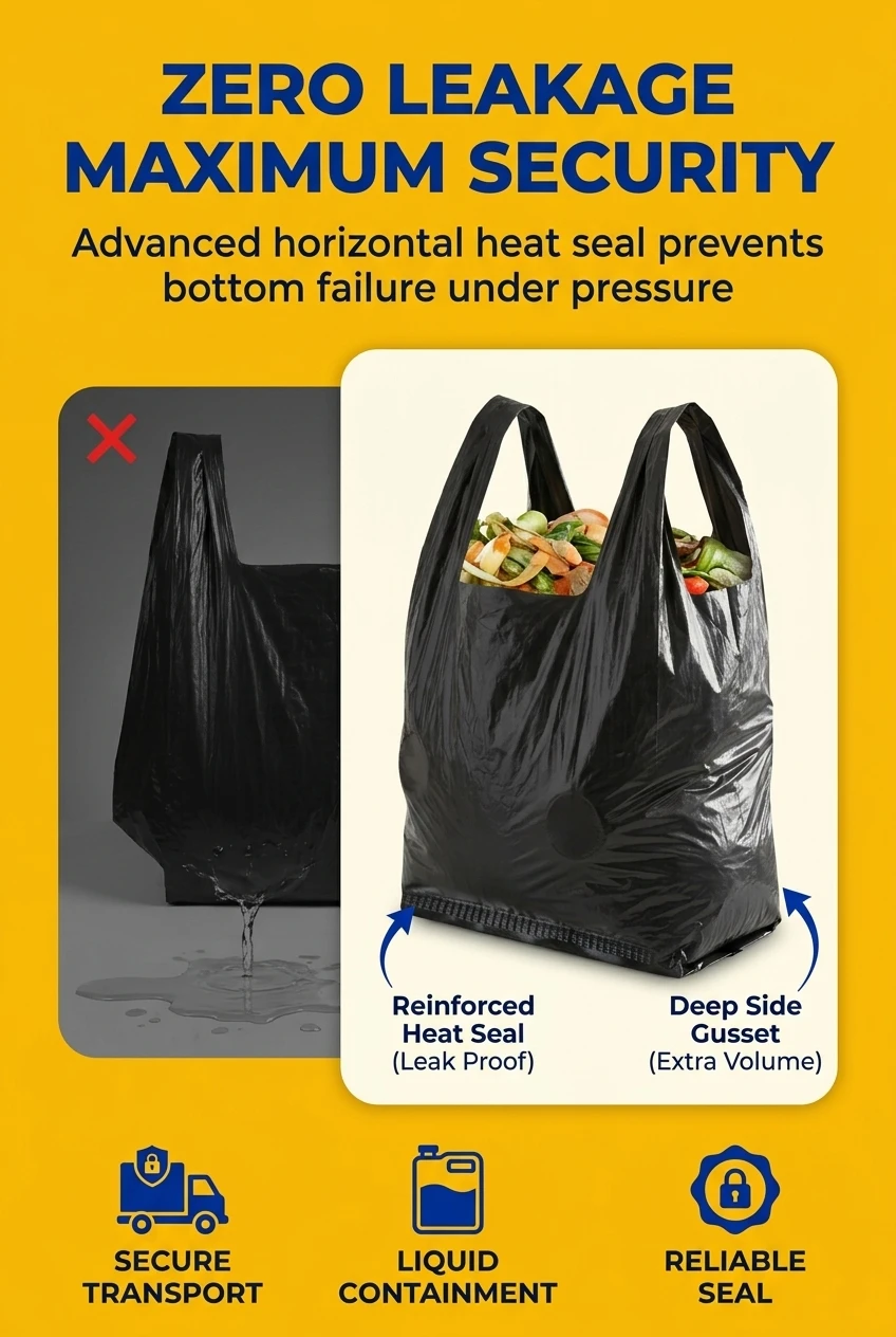Reliable heat seal packaging bag technology ensures a leak proof bottom for all applications. This plastics black t-shirt bag
