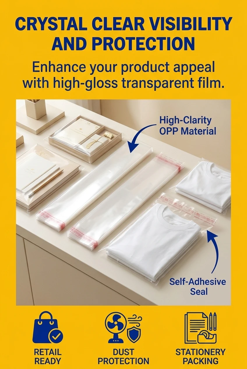 self adhesive OPP plastic bag detail view showing vertical rainbow stripe pattern and transparency