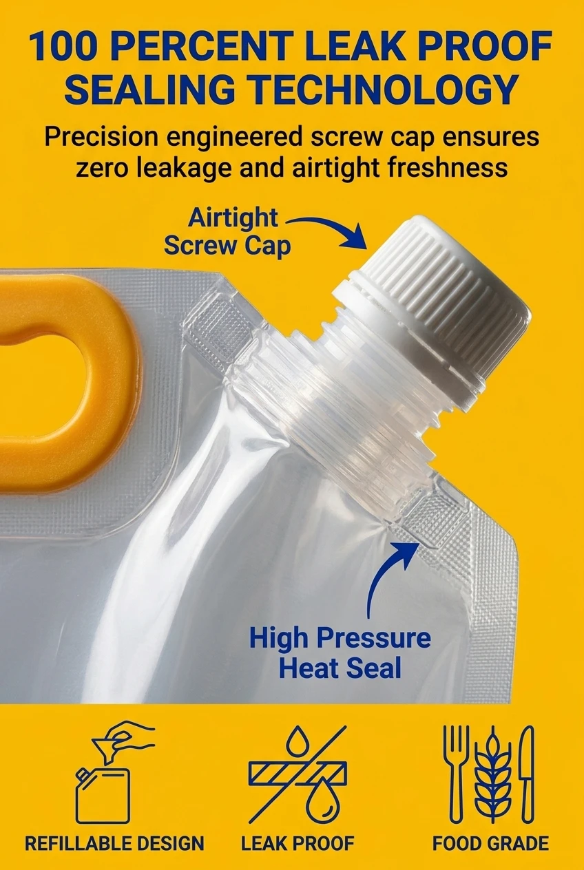Professional spout pouch with precision engineered screw cap. Our stand up spouted pouch utilizes advanced heat sealing to en