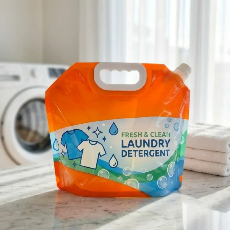 stand up spout pouch with handle showing prismatic rainbow effect on transparent soft BOPP base