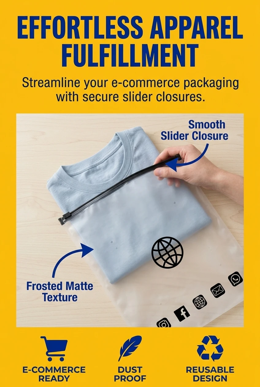 Professional pvc zipper pouch for e-commerce apparel packaging. These frosted ziplock packaging bags feature a smooth slider