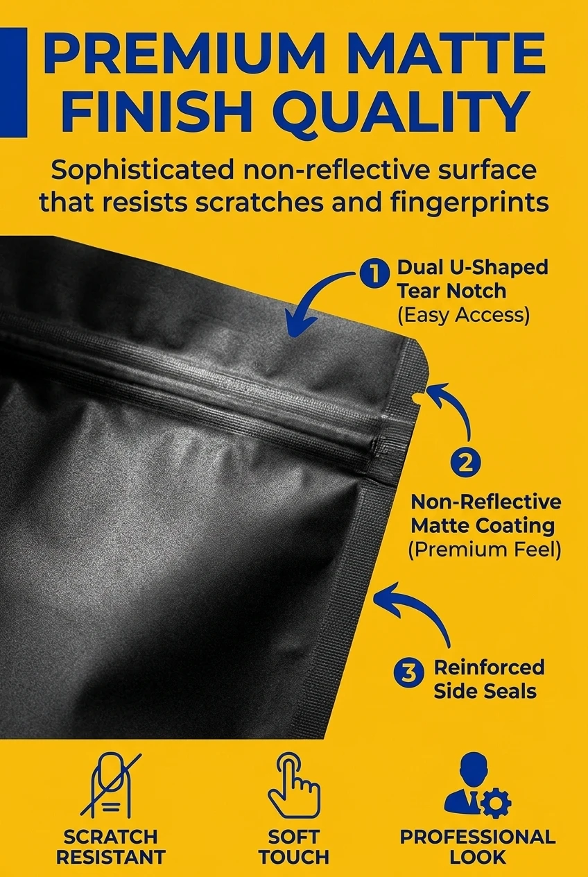 High-quality stand up zipper pouch with a sophisticated matte surface. Our resealable food packaging bags offer a non-reflect