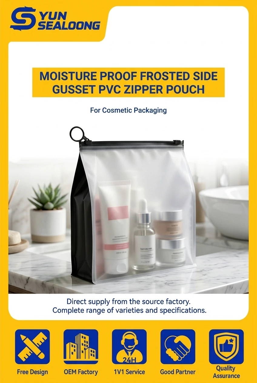 Moisture Proof Frosted Side Gusset PVC Zipper Pouch with Ring Pull for Cosmetic Packaging