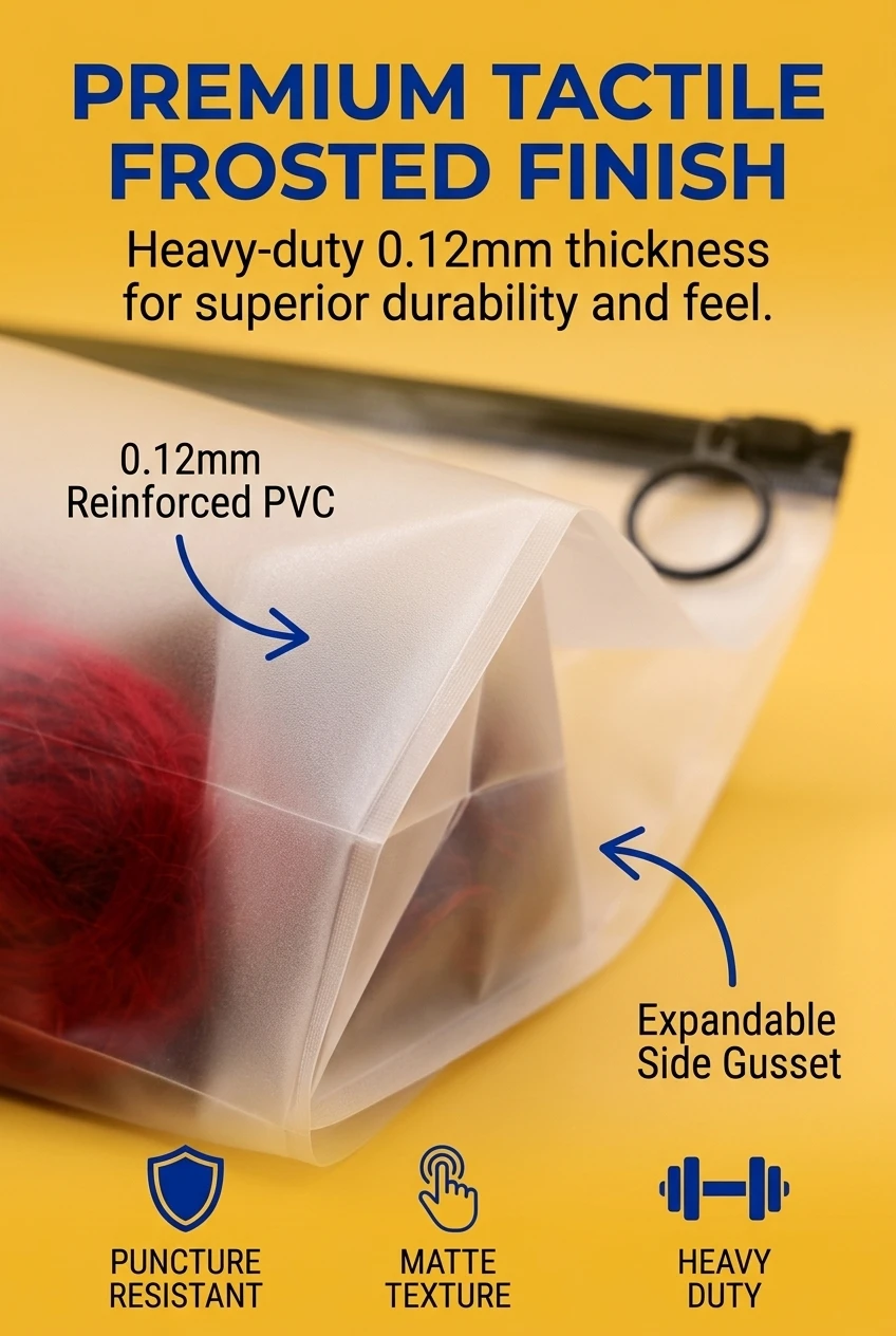 Heavy-duty 0.12mm pvc zipper pouch with sophisticated frosted texture. Our plastic cosmetic bags offer superior puncture resi