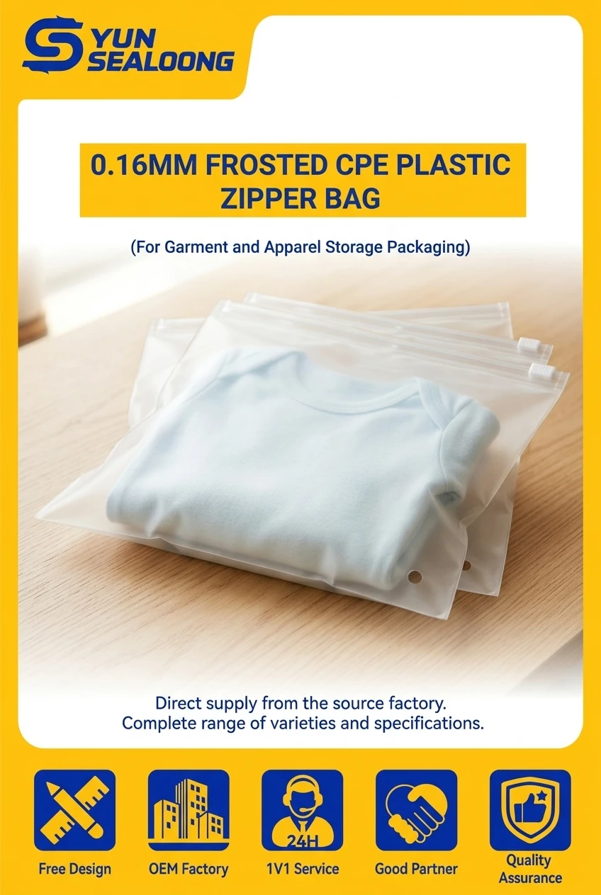 Frosted CPE Plastic Zipper Bag with Slider Closure and Vent Hole for Garment and Apparel Storage Packaging
