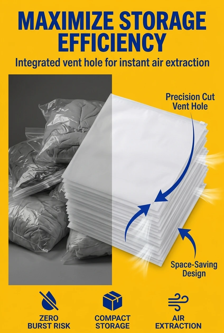 Space-saving ziplock plastic bags with integrated air vent hole. This plastic zipper bag allows excess air to escape during c