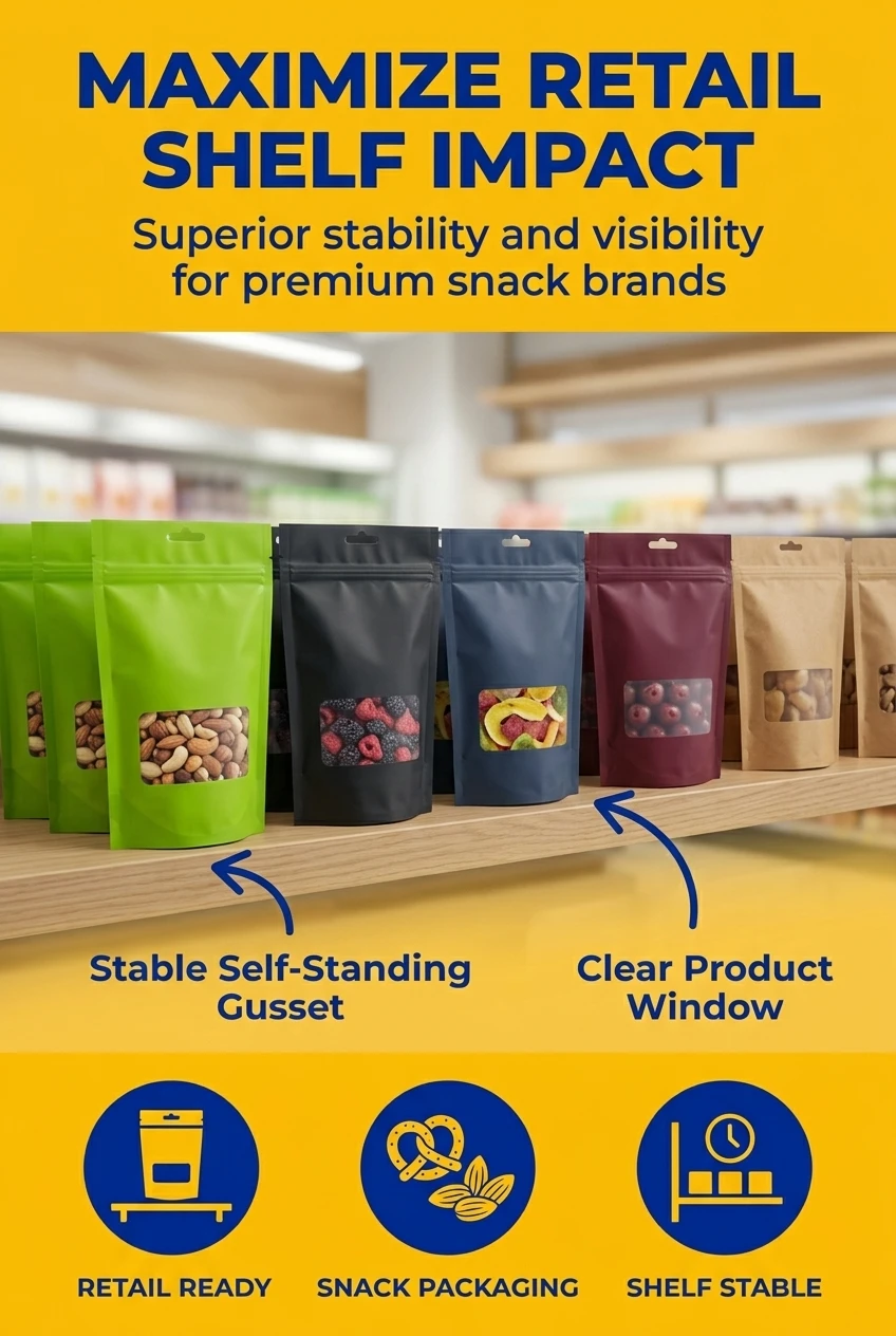 Glossy PE Stand up Pouch with Zipper and Clear Rectangular Window with Euro Hole for Food Snack Packaging