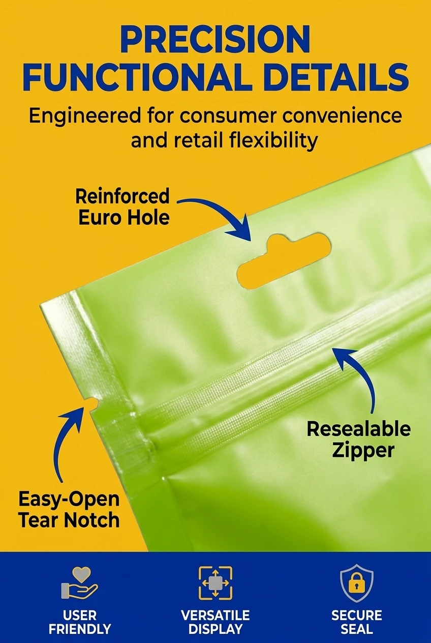 High-quality plastic zipper bag with integrated functional features. Our stand up pouch with zipper includes a precision-cut