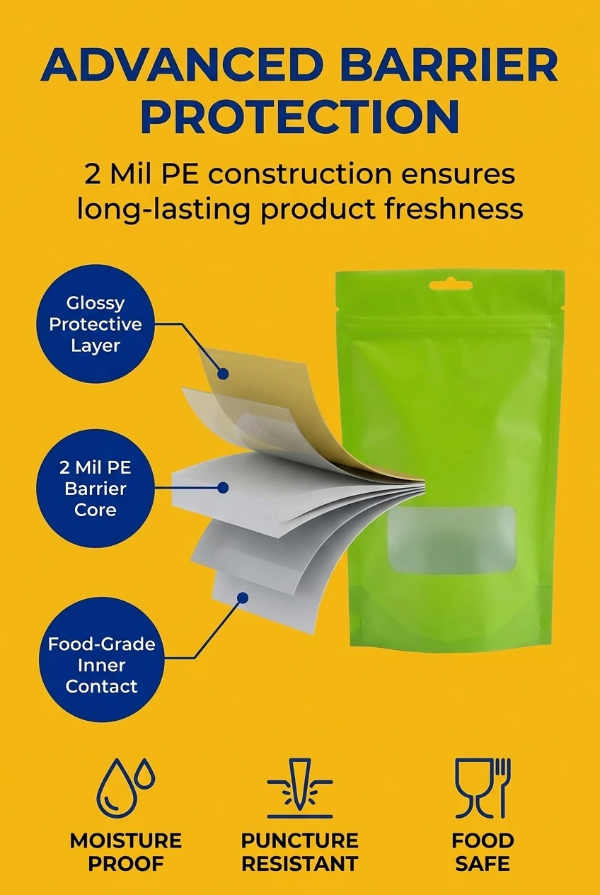 Durable 2 mil PE stand up pouch with window for superior food protection. This zipper pouch bag is constructed with high-grad
