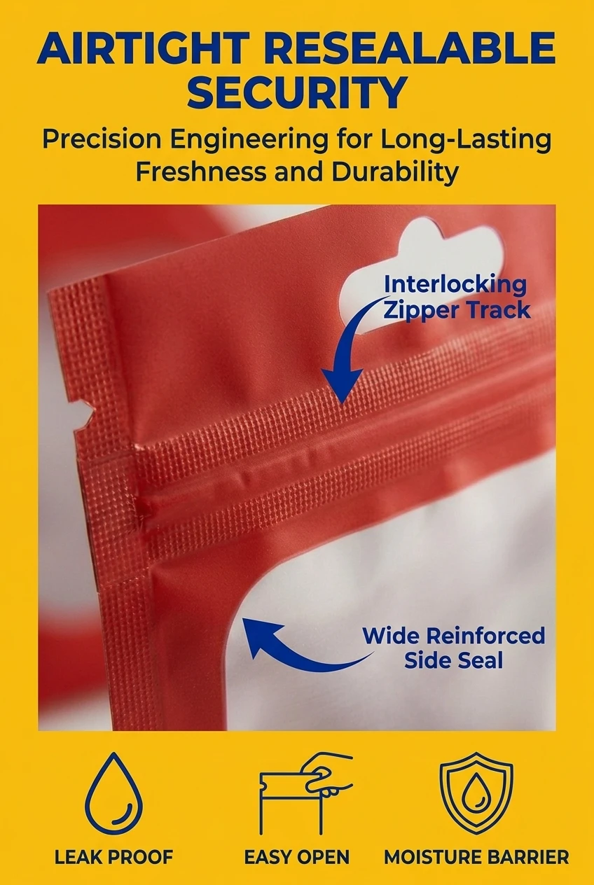 High-performance zipper pouch bag with superior sealing technology. Our plastic zipper bag utilizes a precision-engineered in