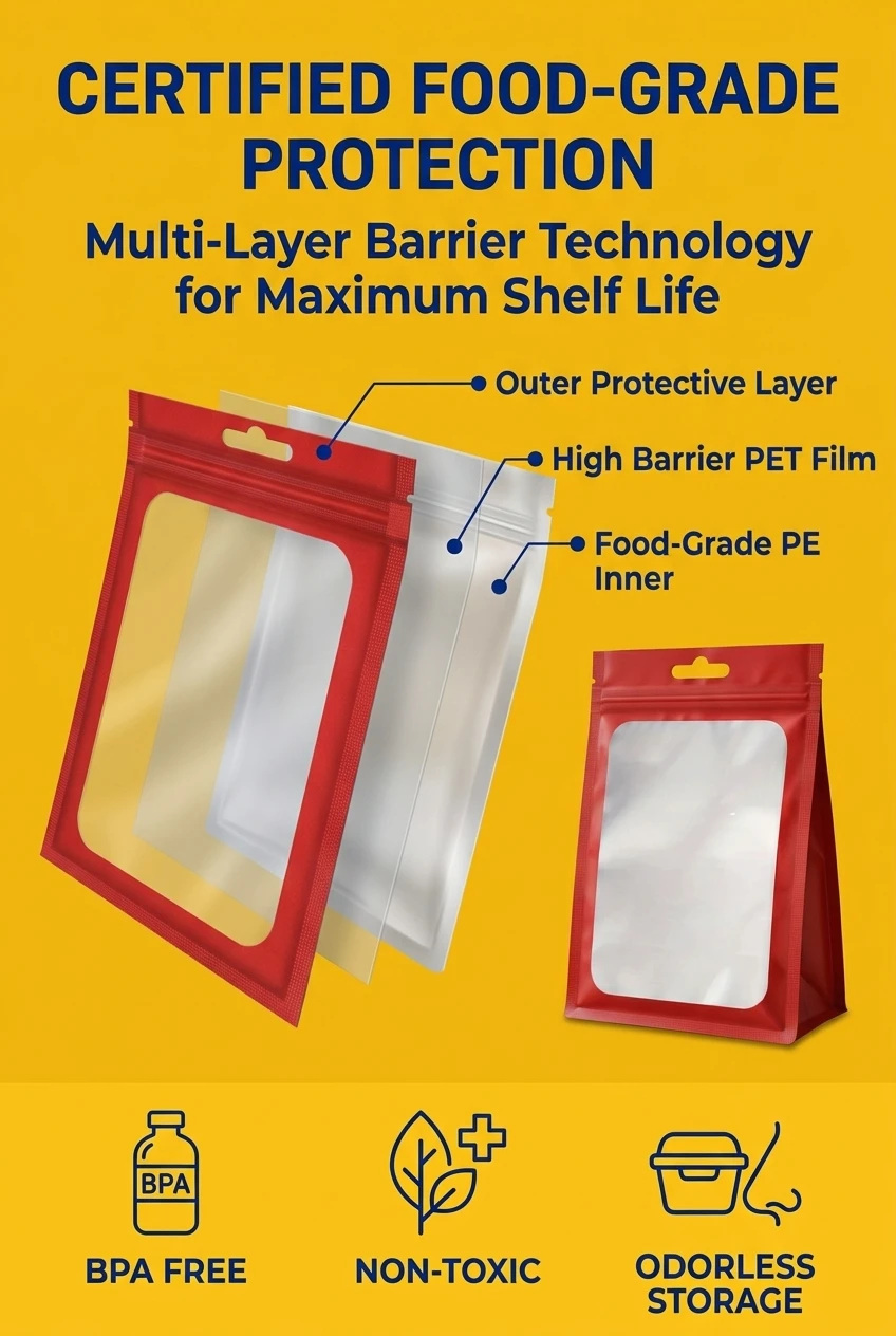 Premium material construction for safe food storage. This plastic zipper bag is made from non-toxic, BPA-free layers ensuring