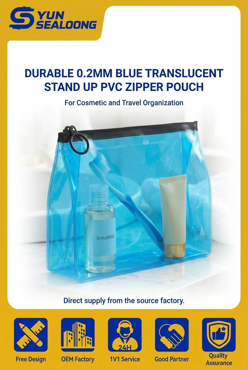 Durable 0.2mm Blue Translucent Stand up PVC Zipper Pouch with Large Ring Puller for Cosmetic and Travel Organization