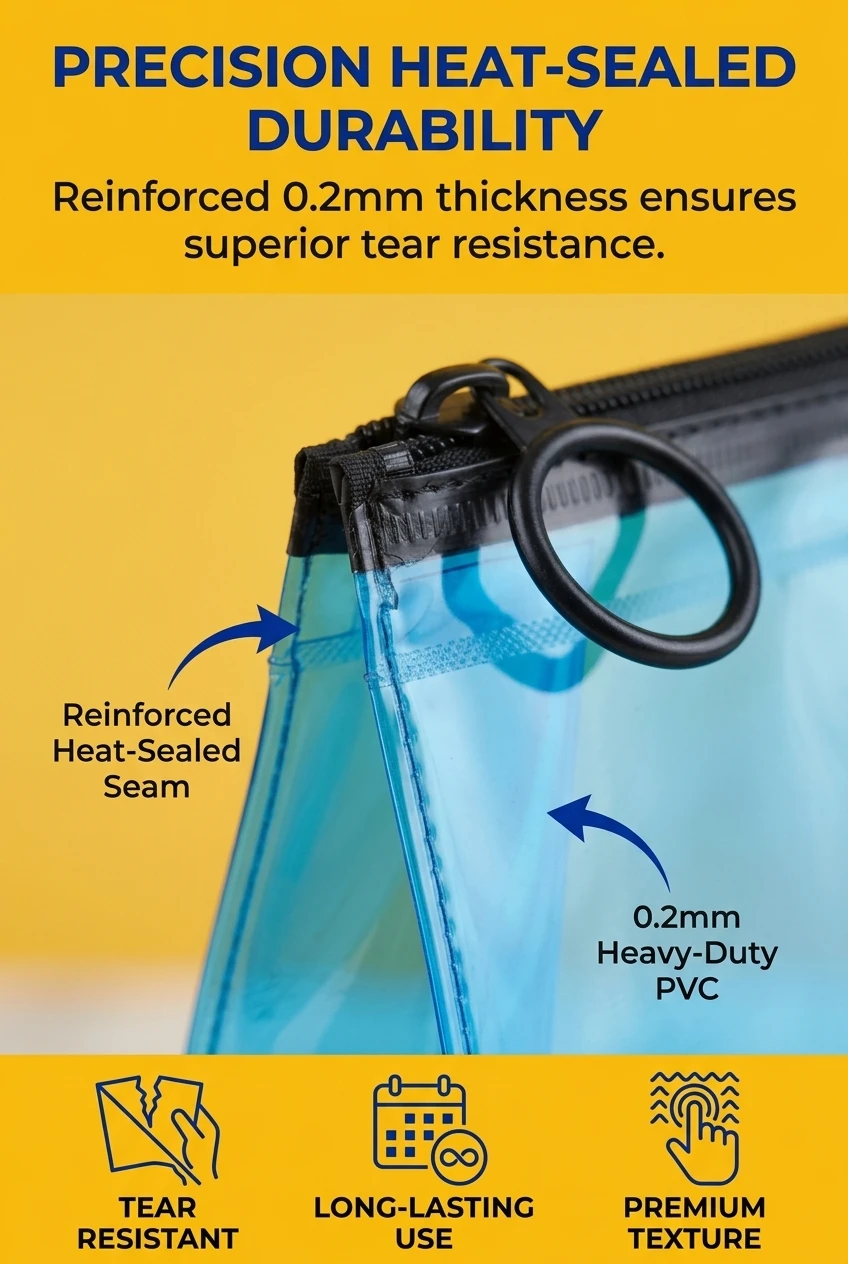 Heavy-duty pvc zipper pouch with 0.2mm thickness. This stand up pouch with zipper features reinforced heat-sealed seams for m