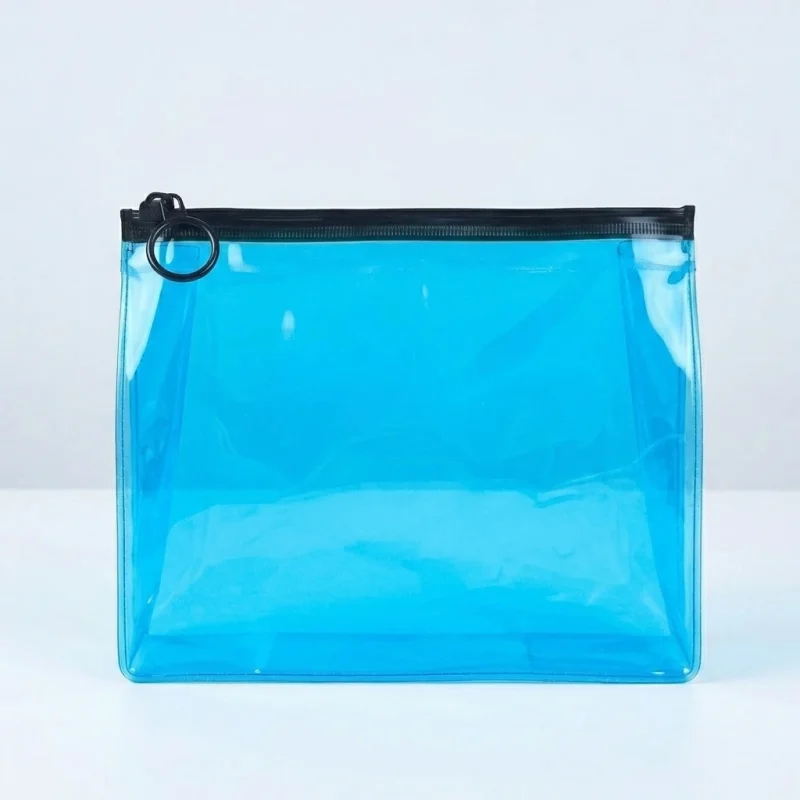 Close-up of pvc zipper pouch surface with vertical holographic grating pattern
