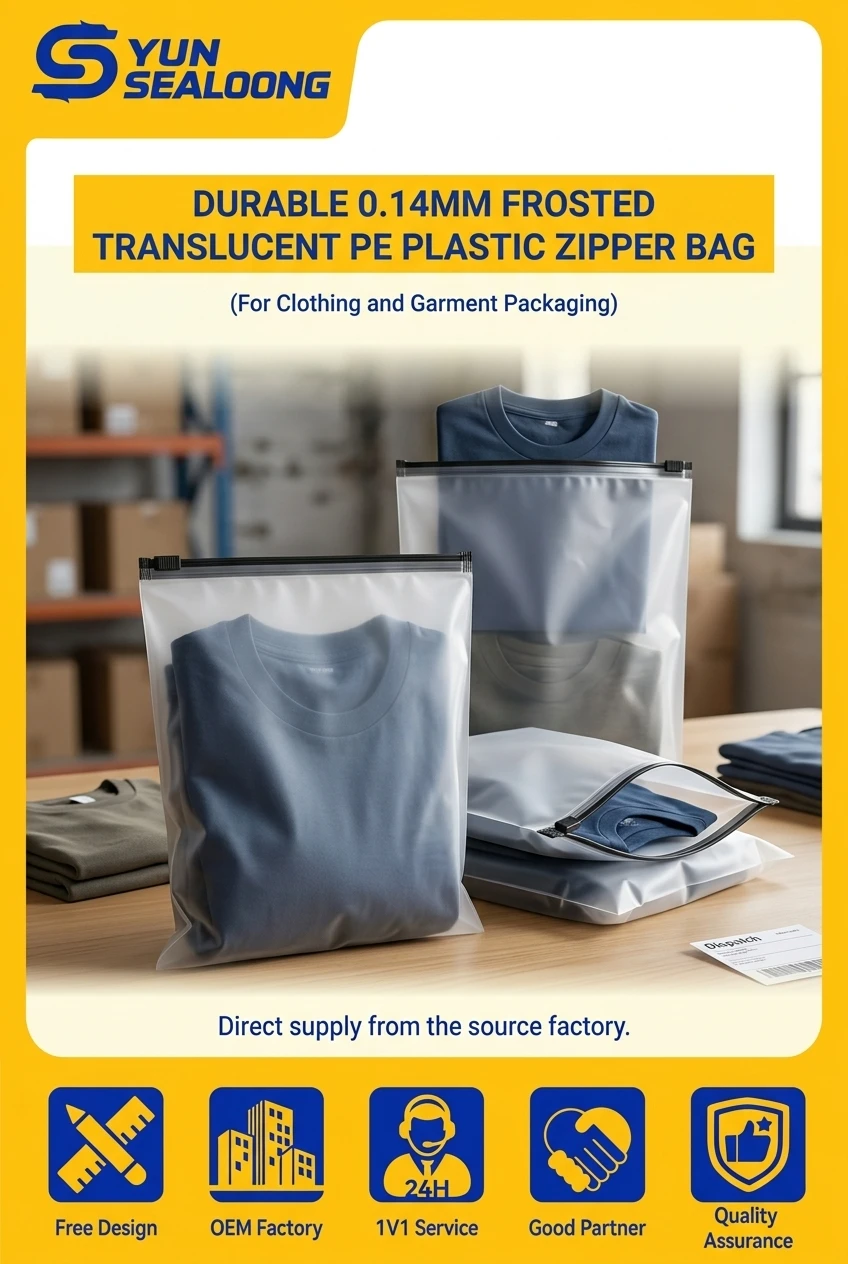 Durable 0.14mm Frosted Translucent PE Plastic Zipper Bag with Black Slider for Clothing and Garment Packaging