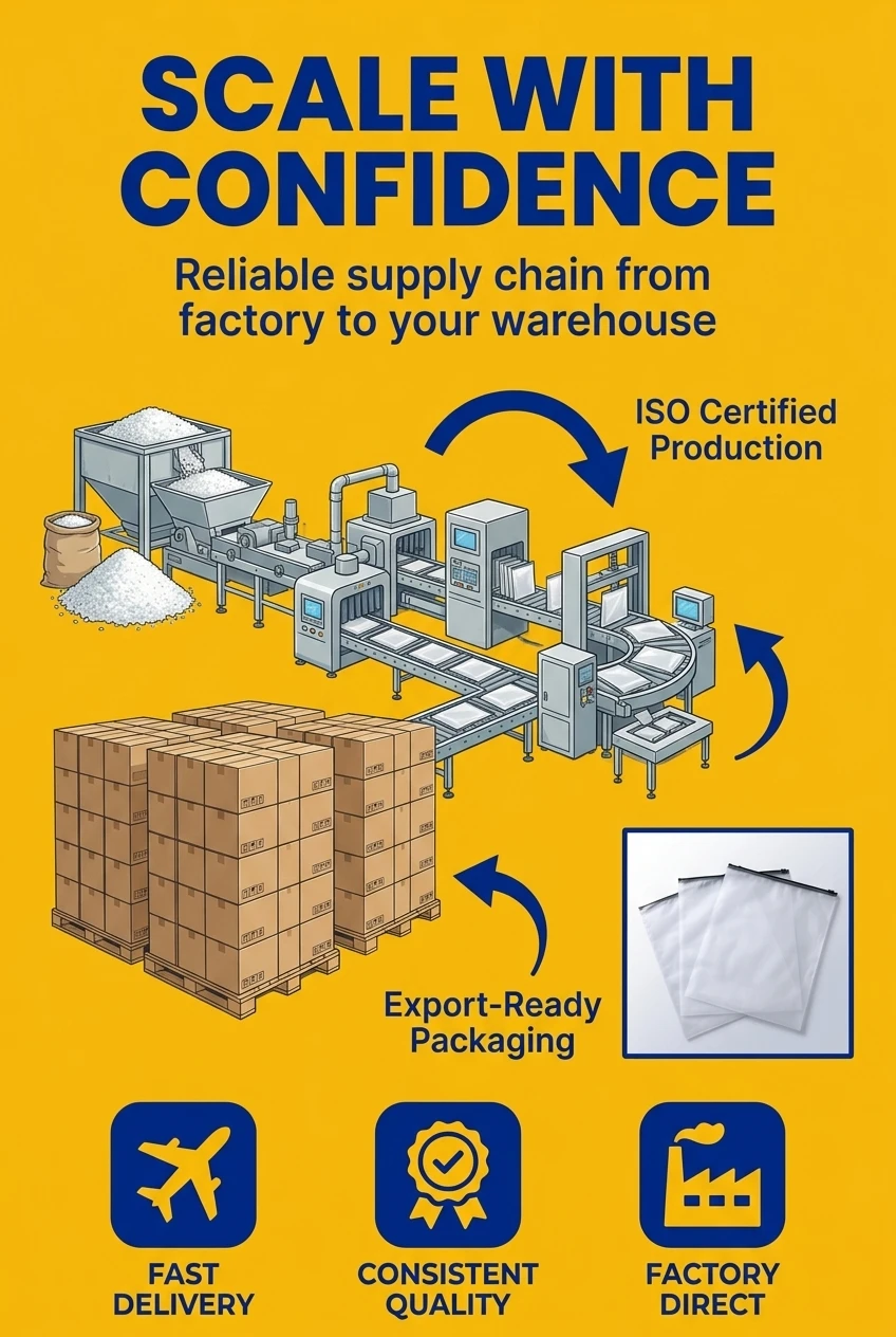 Wholesale plastic zipper bag supplier for global markets. Our factory produces high-grade pe plastic bag orders with strict Q