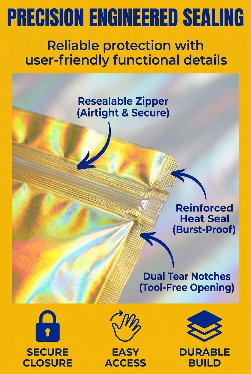 Detailed view of our plastic zipper bag construction. Featuring a robust resealable zipper and wide heat-sealed edges, this t