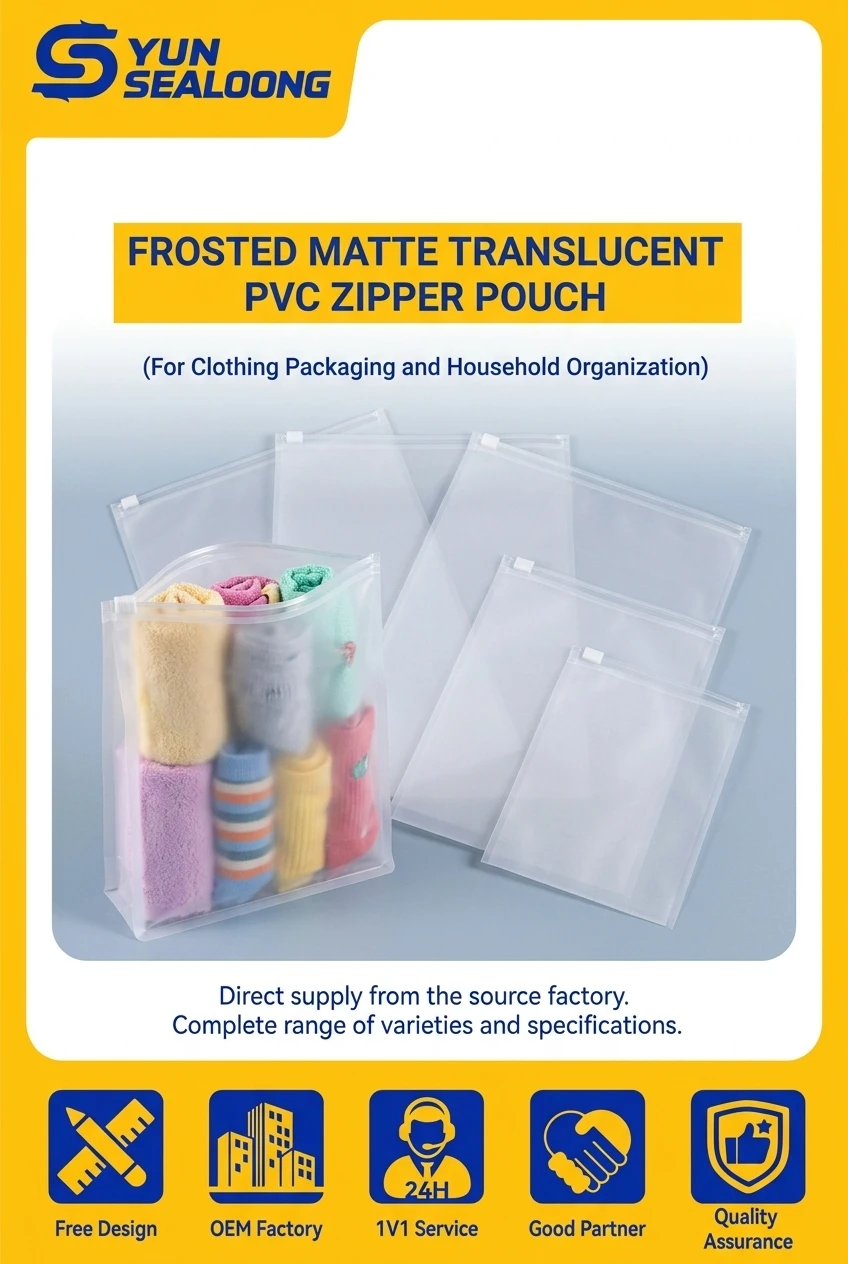 Frosted Matte Translucent PVC Zipper Pouch with Slider Closure for Clothing Packaging and Household Organization