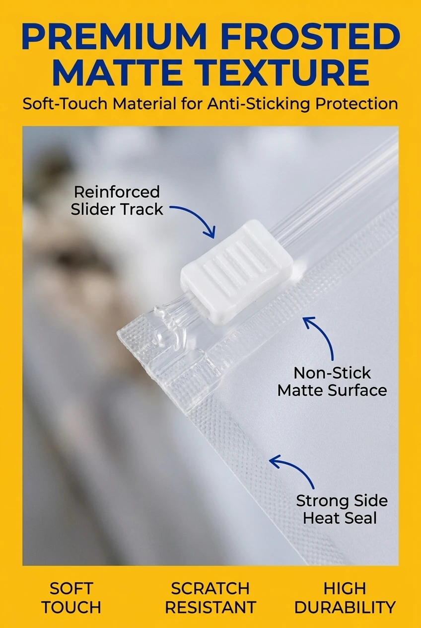 Close-up of our transparent pouch with zipper featuring a high-quality frosted finish. This pvc zipper pouch is made from sof